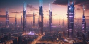 5G network towers futuristic city skyline