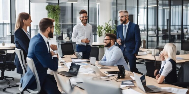 business professionals discussing VoIP services in a modern office