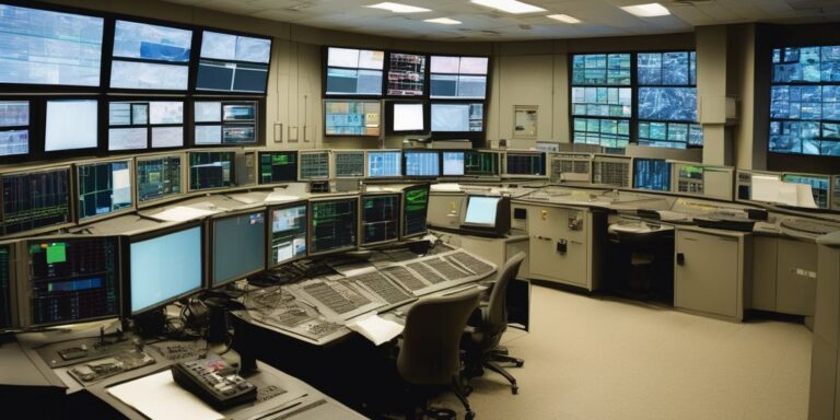 telecommunications network control room with operators monitoring data