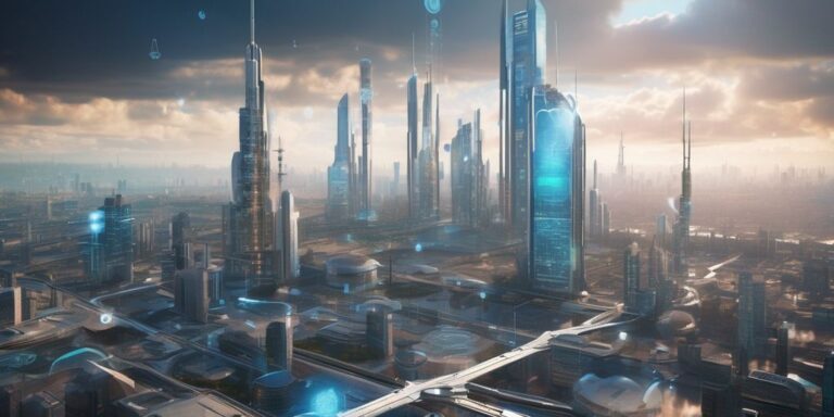 futuristic city skyline with cloud technology and telecommunications elements