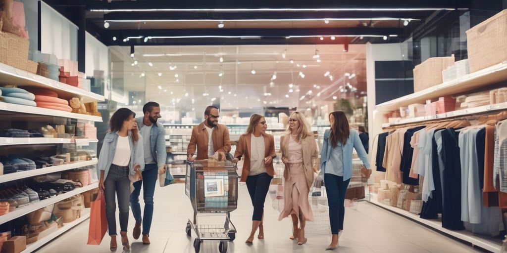 happy customers shopping in a modern store with data analytics overlay