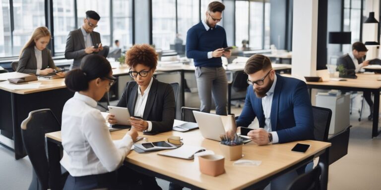 employees using personal devices in a modern office