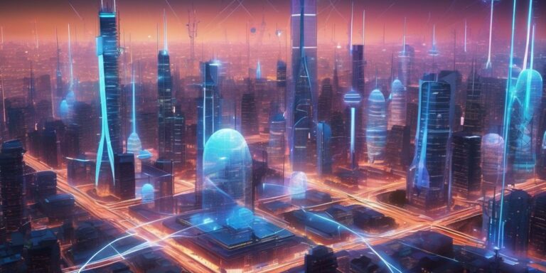 Futuristic city with 5G towers and digital grids