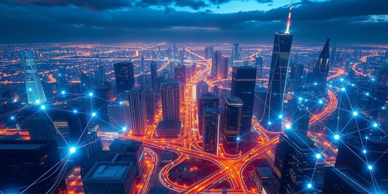 Futuristic city with digital nodes and glowing lines.