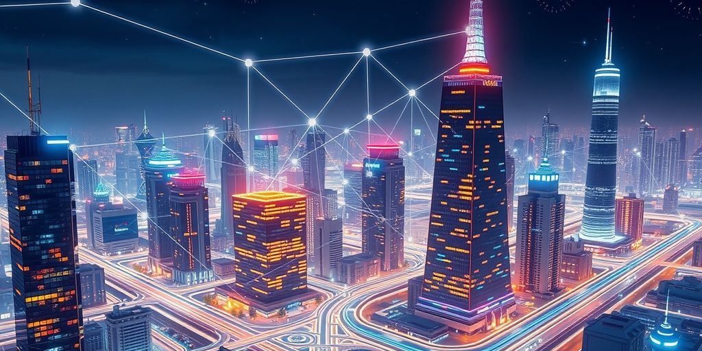 Futuristic city with digital nodes and glowing connections