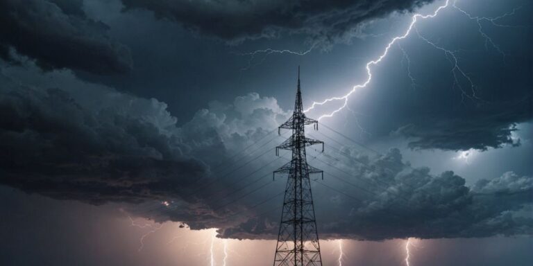 Telecom tower with stormy sky and lightning.