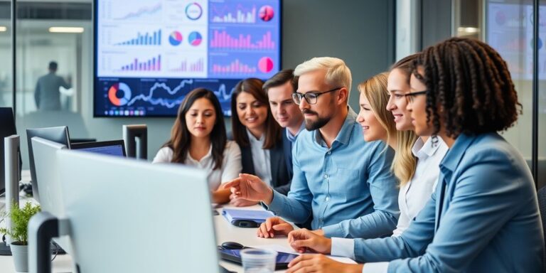 Team analyzing data charts in modern office