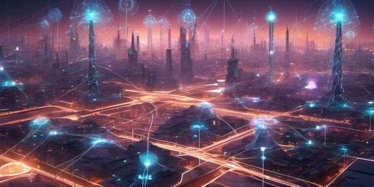 Futuristic city with AI-driven telecom towers