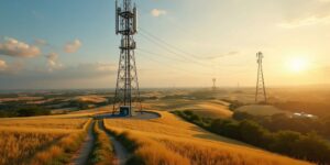 Telecom tower in rural landscape