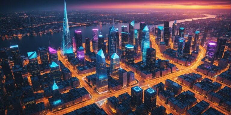 Futuristic city with digital nodes for telecom orchestration