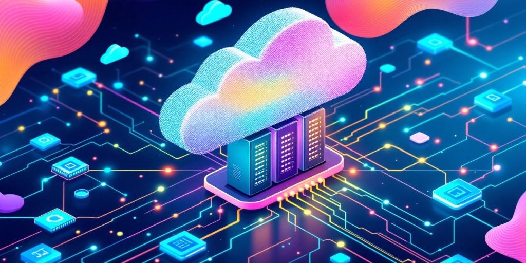 Cloud infrastructure with interconnected servers and networks.