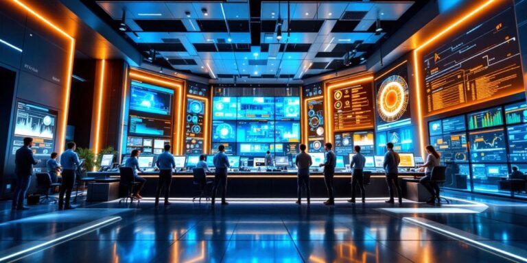 Futuristic telecom control room with engineers and advanced technology.