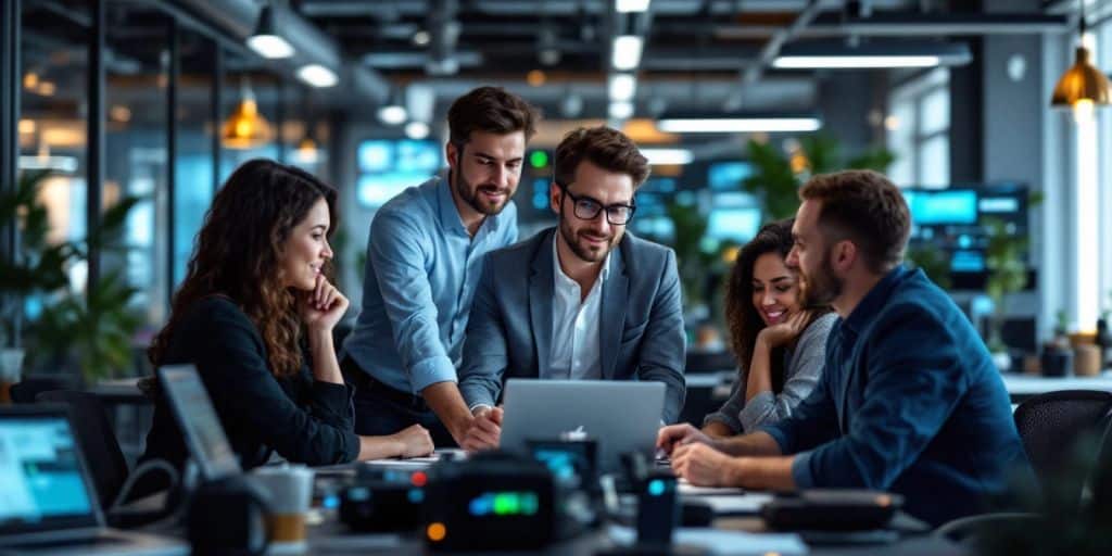 Telecom team collaborating in a modern office setting.