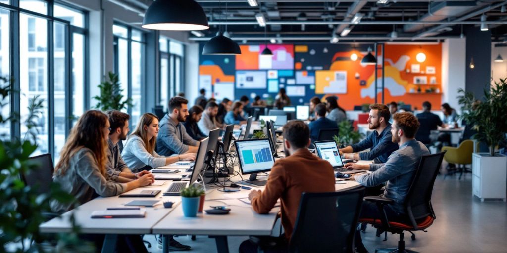 Team collaboration in a modern telecom office environment.